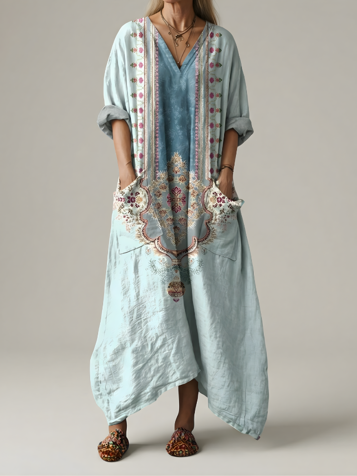 Women’s Linen Kaftan Boho Maxi Dress Floral Embroidered V Neck Relaxed Tunic