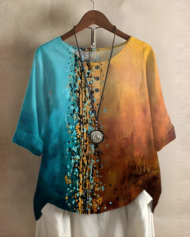 Damska lniana tunika w stylu vintage boho, drukowana bluzka