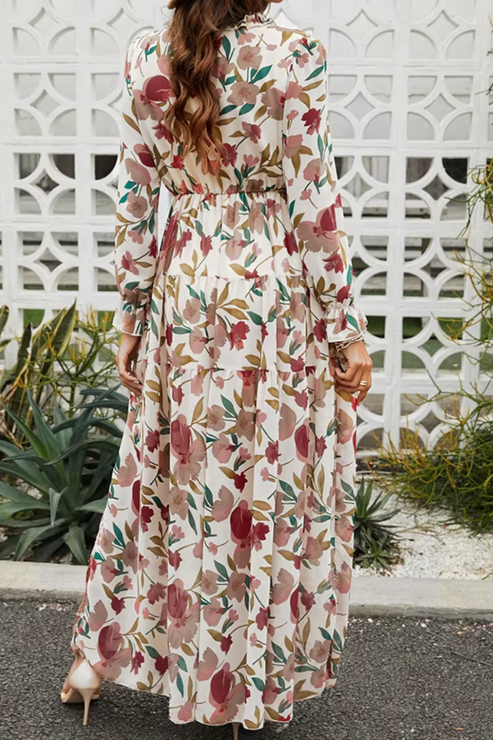 Women's Chiffon Floral V Neck Long Sleeve Maxi Dress