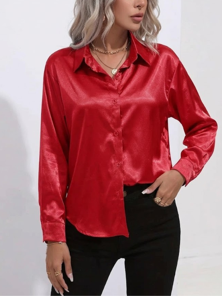 Women's Satin Long Sleeve Button Down Shirt Office Blouse
