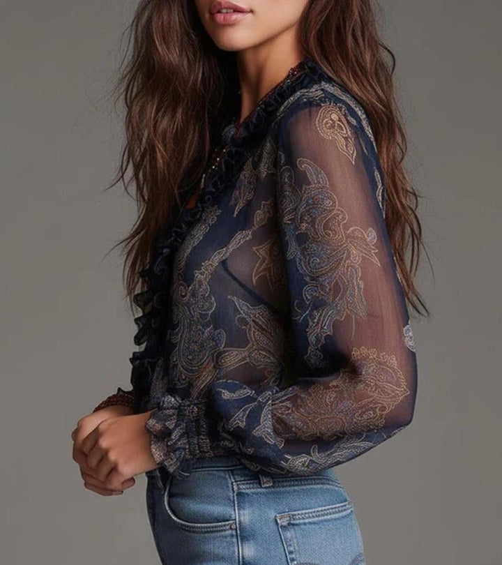 Women's V-Neck Ruffled Long Sleeve Chiffon Blouse