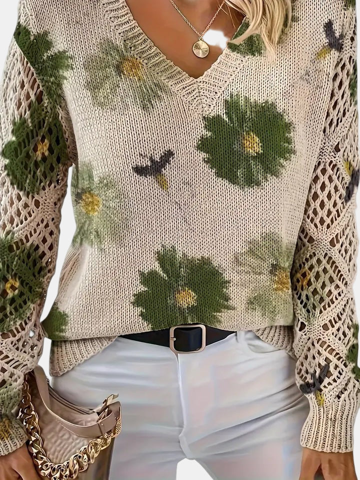 Women's Long Sleeve Knit V-Neck Floral Sweater Jumper
