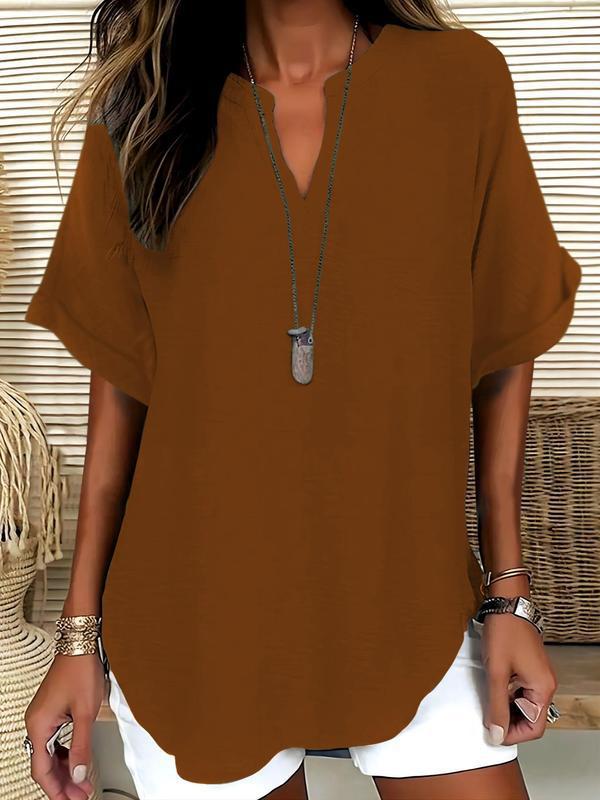 Women Linen Blouse V Neck Short Sleeve Casual Tunic Top