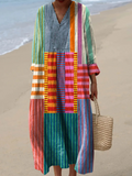 Women's Art Print V-Neck Linen Kaftan Maxi Dress Geometric Patchwork Tunic