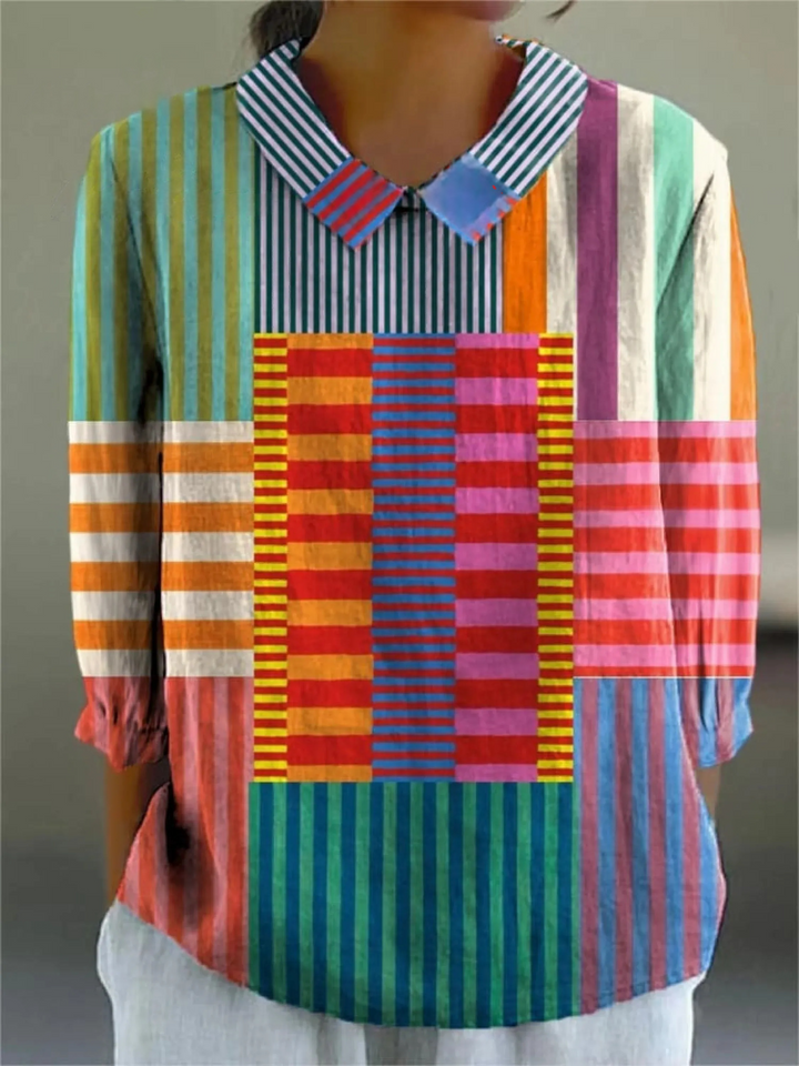 Women's Art Print V-Neck Linen Kaftan Maxi Dress Geometric Patchwork Tunic
