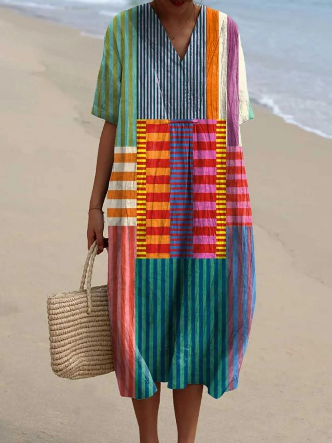 Women's Art Print V-Neck Linen Kaftan Maxi Dress Geometric Patchwork Tunic