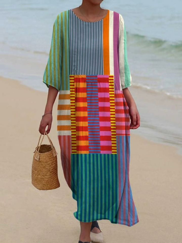 Women's Art Print V-Neck Linen Kaftan Maxi Dress Geometric Patchwork Tunic
