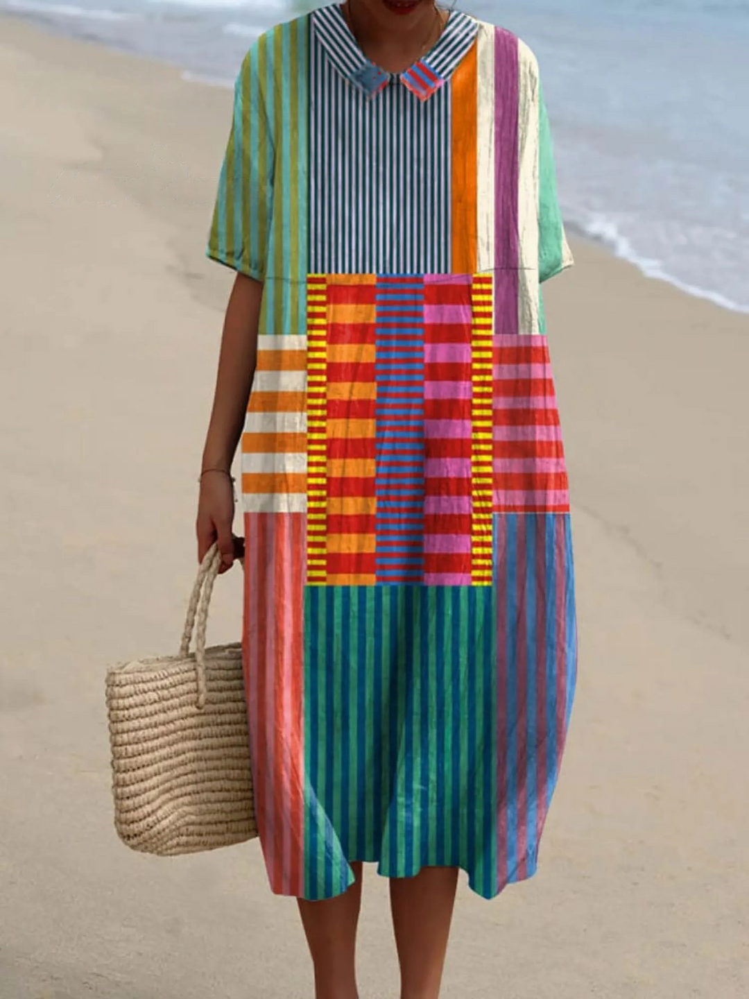 Women's Art Print V-Neck Linen Kaftan Maxi Dress Geometric Patchwork Tunic