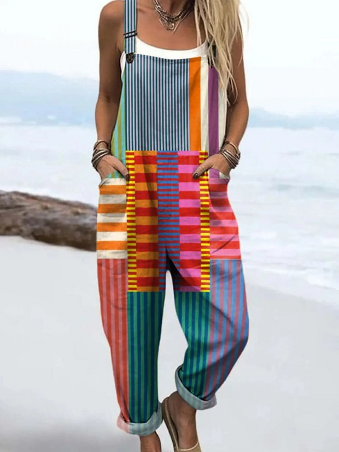 Women's Art Print V-Neck Linen Kaftan Maxi Dress Geometric Patchwork Tunic