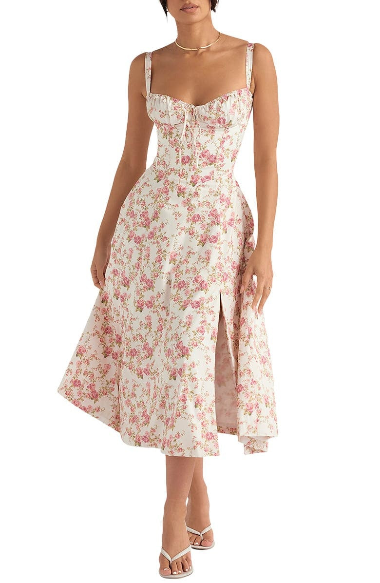 Women's Floral Linen Midi Dress Cocktail Party Dress