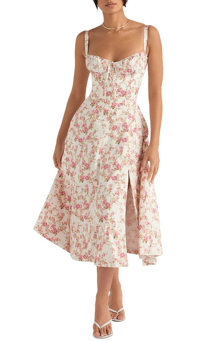 Women's Floral Linen Midi Dress Cocktail Party Dress