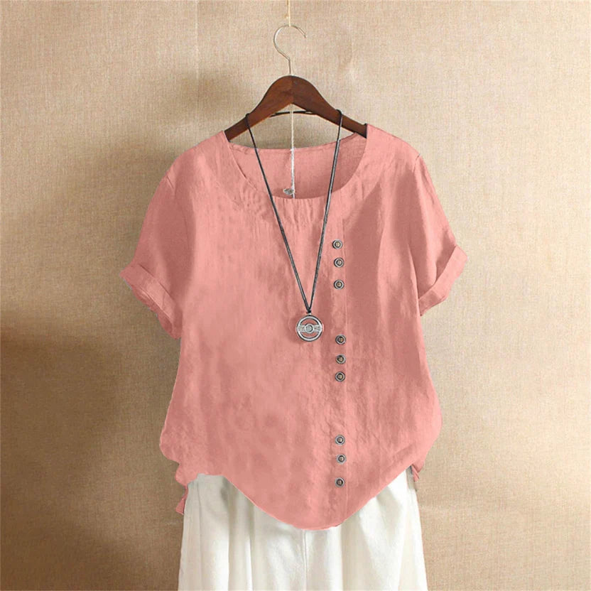 Women's Short Sleeve Linen Asymmetric Top Loose Fit Tunic Blouse