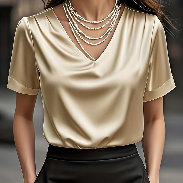 Women's Satin Blouse V Neck Short Sleeve Top Elegant Shirt
