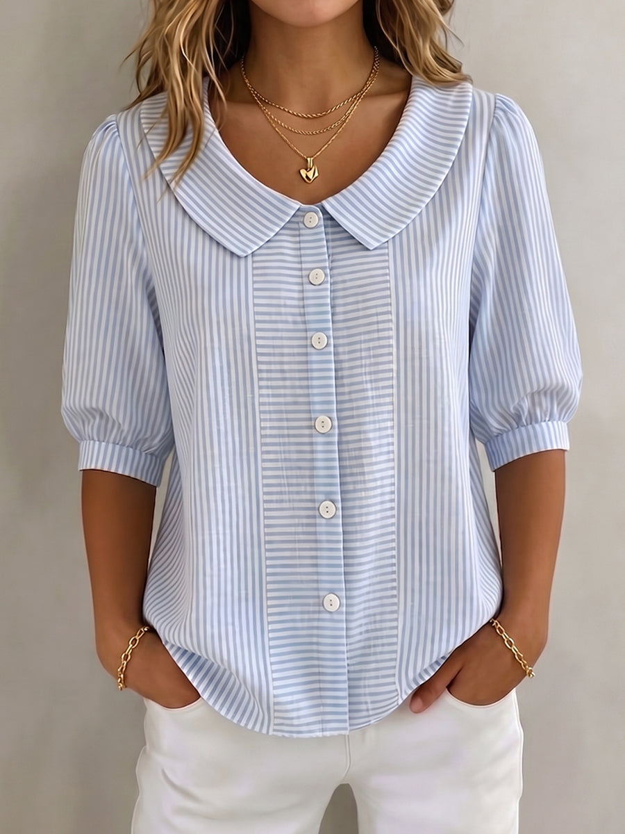 Women's Striped Blouse Linen Top Short Sleeve Casual Shirt