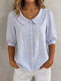 Women's Striped Blouse Linen Top Short Sleeve Casual Shirt