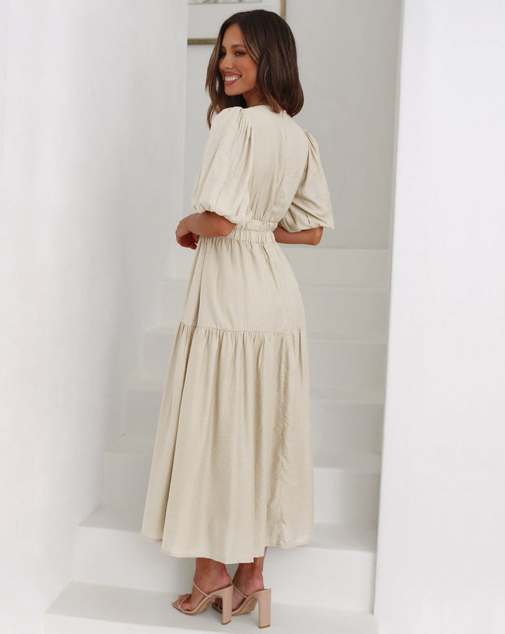 Women's Linen Blend Puff Sleeve Tiered V Neck Midi Wrap Dress
