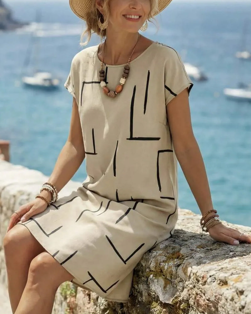 Women's Short Sleeve Linen Midi Shift Dress