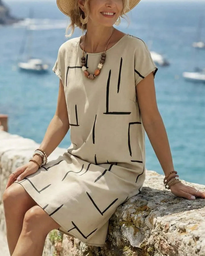Women's Short Sleeve Linen Midi Shift Dress
