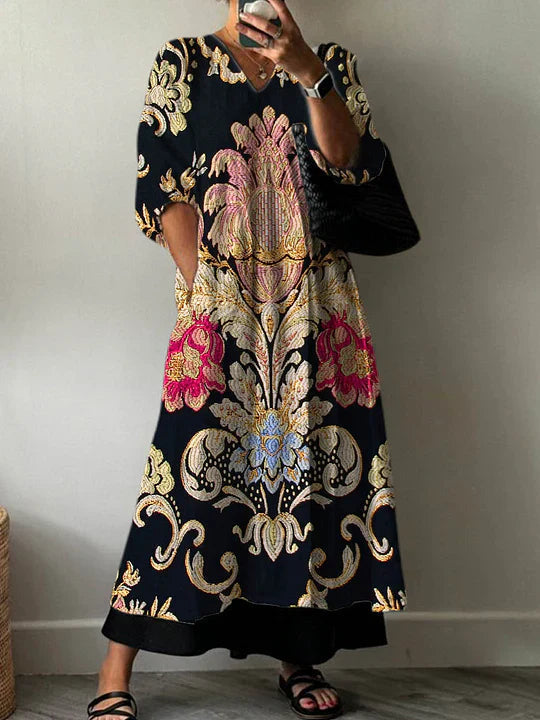 Women's Maxi Dress Printed Linen V-Neck Long Sleeve Casual Kaftan
