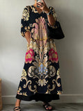Women's Maxi Dress Printed Linen V-Neck Long Sleeve Casual Kaftan
