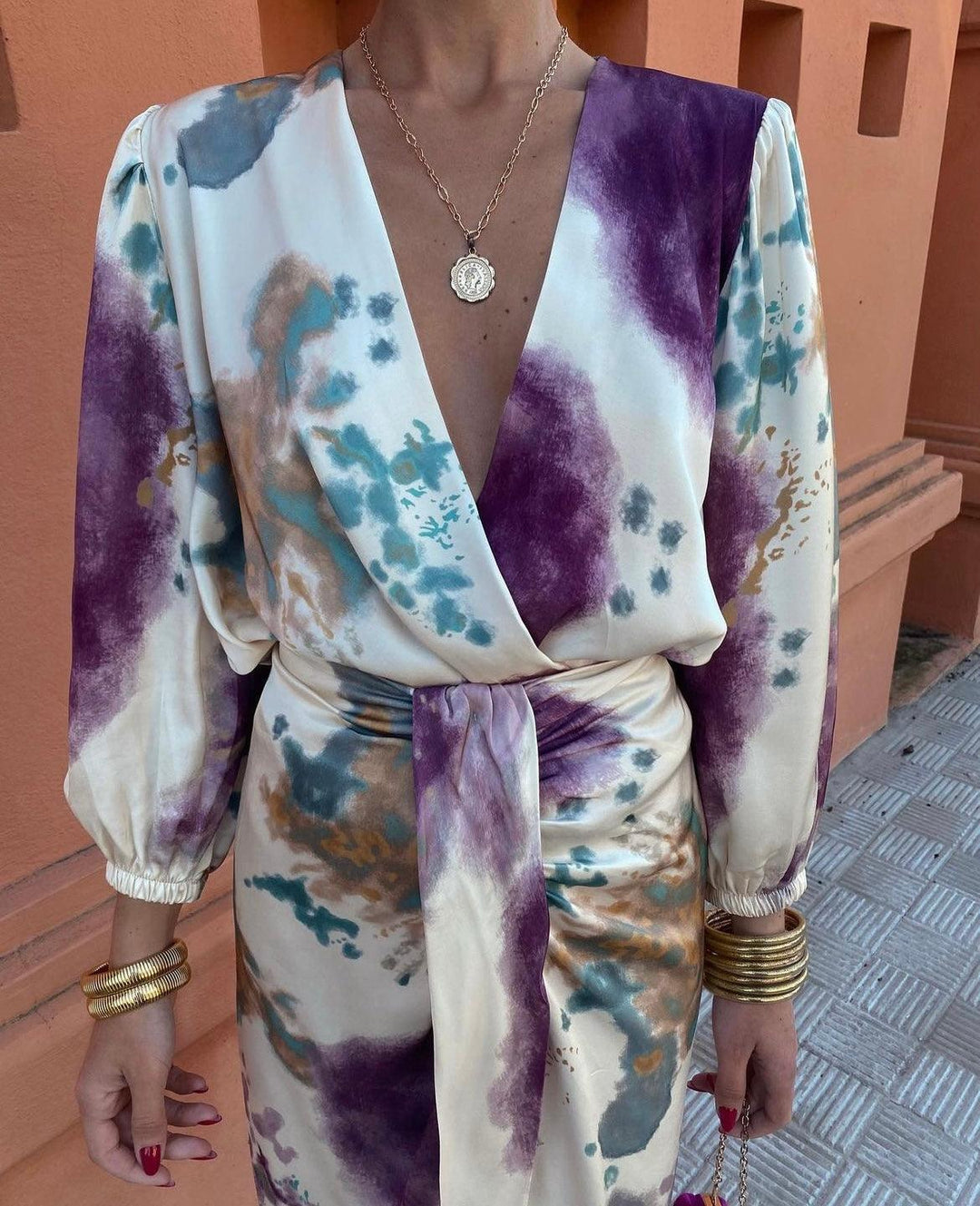 Women's Wrap Satin Long Sleeve V Neck Tie Dye Midi Dress