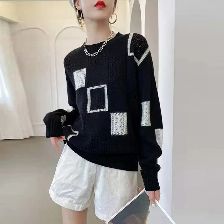 Női gyapjúkeverék kötött patchwork geometrikus mintás pulóver
