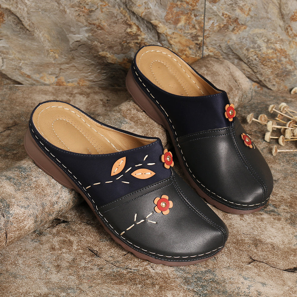 Women’s Leather Floral Print Slip-On Closed Toe Clogs