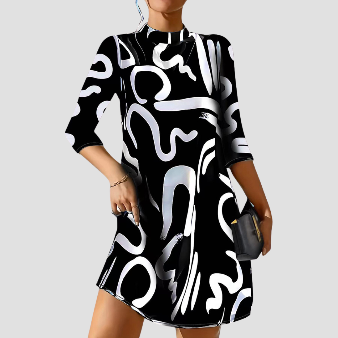 Women's Satin Dress Mock Neck Abstract Print 3/4 Sleeve Shift