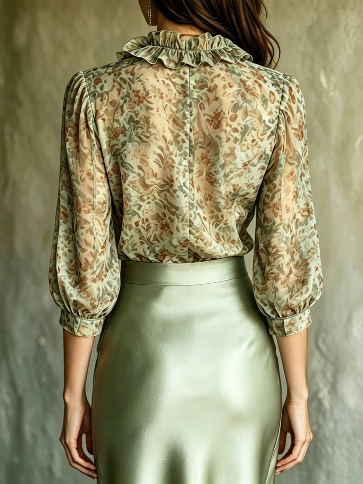 Women's Chiffon Blouse and Satin Skirt Two Piece Set