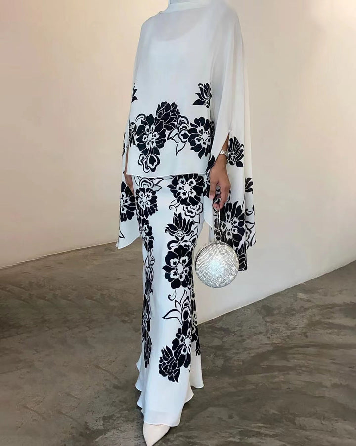 Women's Satin Two Piece Skirt Set Elegant Cape Top Maxi Outfit