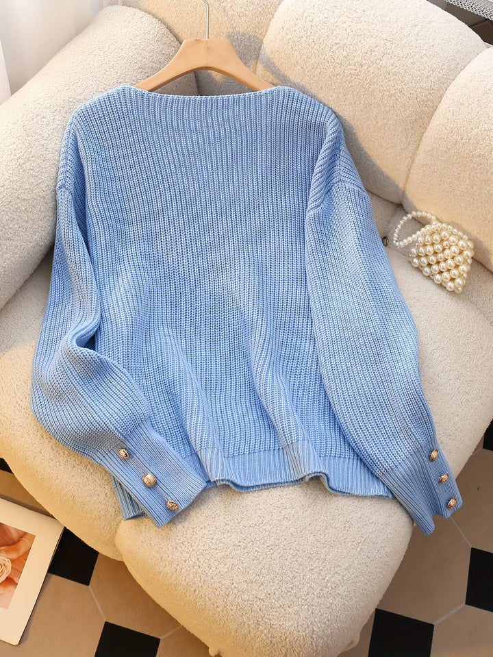Women's Knit Ribbed V-Neck Button-Cuff Sweater