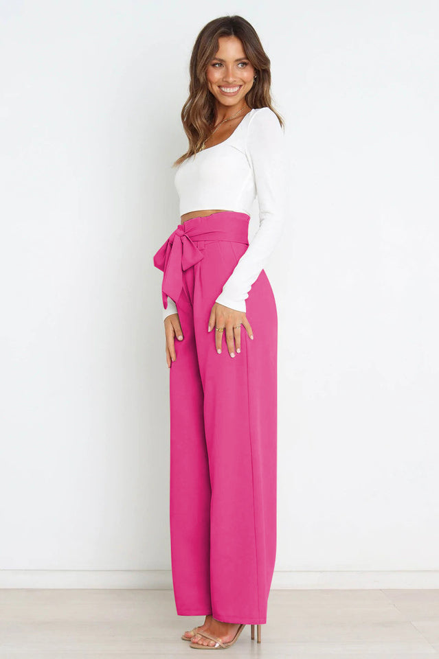 Women's High Waist Wide Leg Linen Trousers with Belt