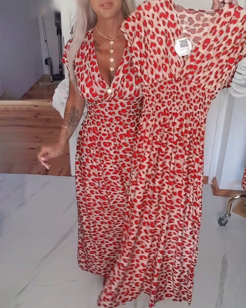 Women's Rayon Animal Print V-Neck Short-Sleeve Wrap Maxi Dress