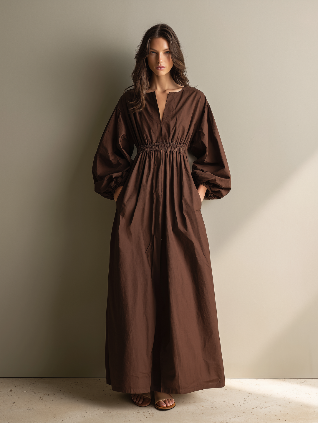 Women's Linen V-Neck Balloon Sleeve Maxi Dress