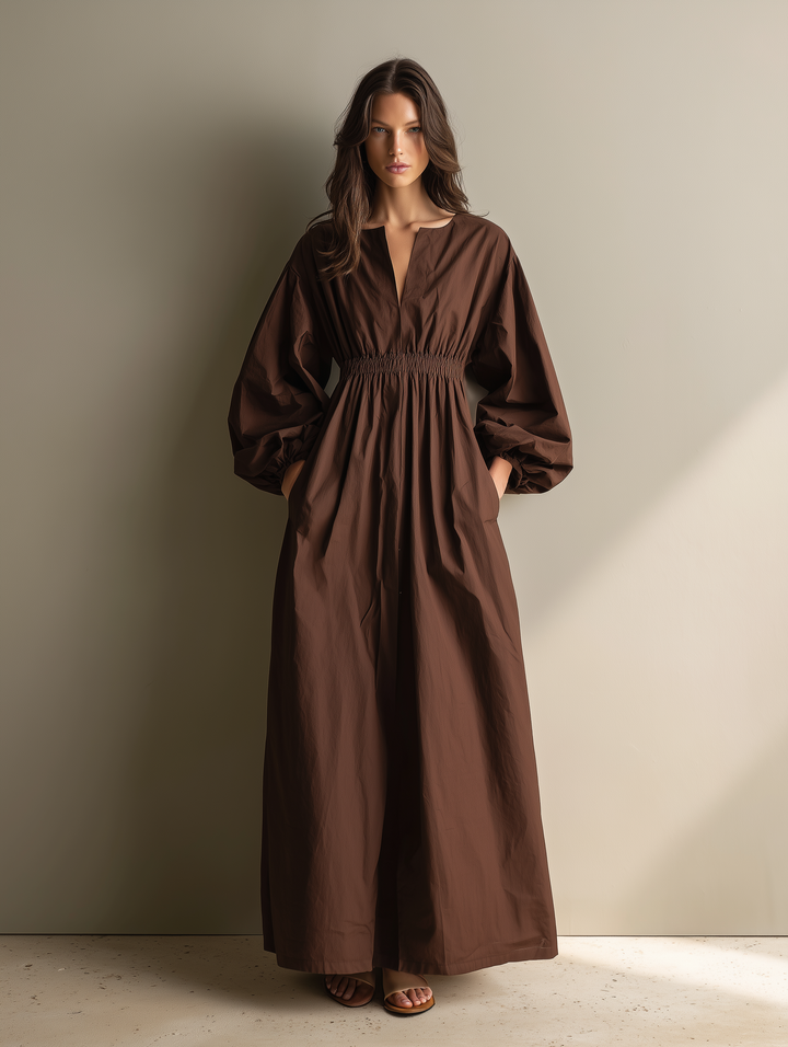 Women's Linen V-Neck Balloon Sleeve Maxi Dress