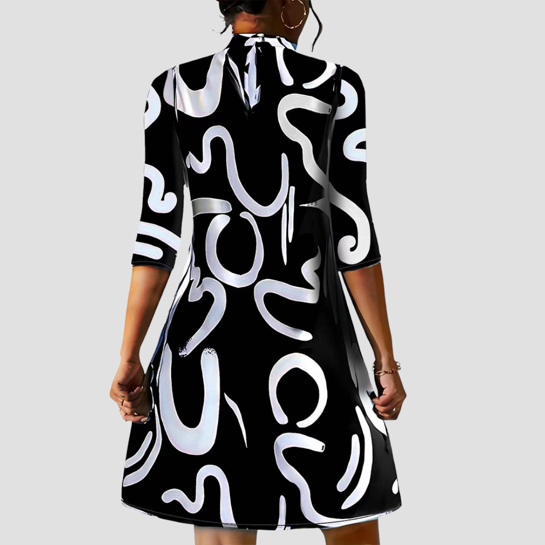Women's Satin Dress Mock Neck Abstract Print 3/4 Sleeve Shift