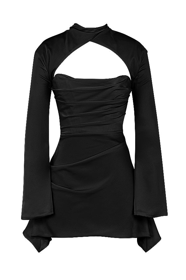 Women's Satin Cut Out Long Sleeve Bodycon Party Mini Dress