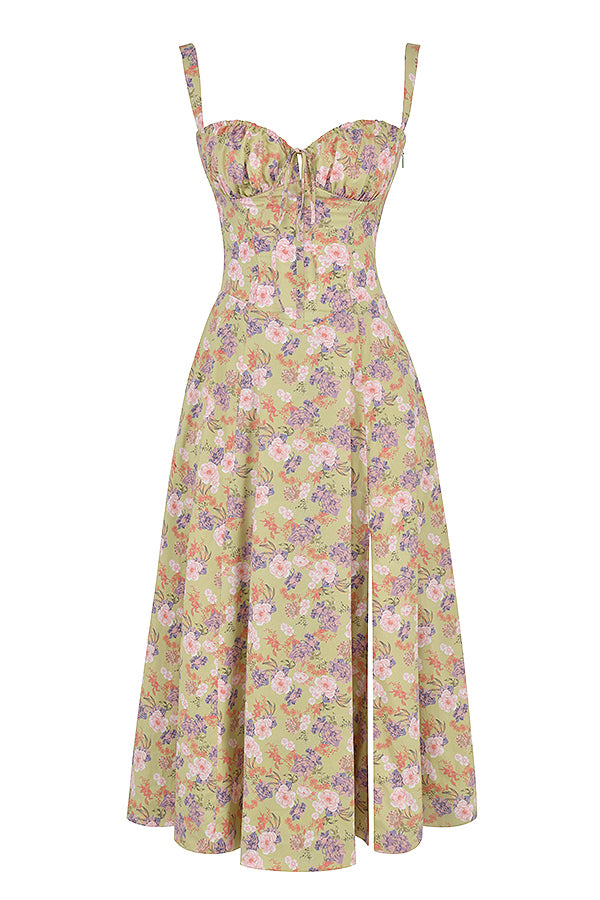 Women's Floral Linen Midi Dress Cocktail Party Dress
