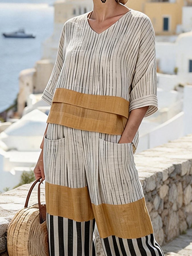 Women's Linen Striped Wide Leg Co-ord Set