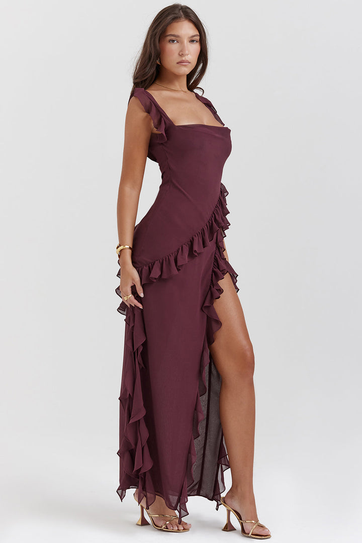 Women's Chiffon Ruffle Maxi Dress Silk Mix Evening Gown