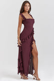 Women's Chiffon Ruffle Maxi Dress Silk Mix Evening Gown