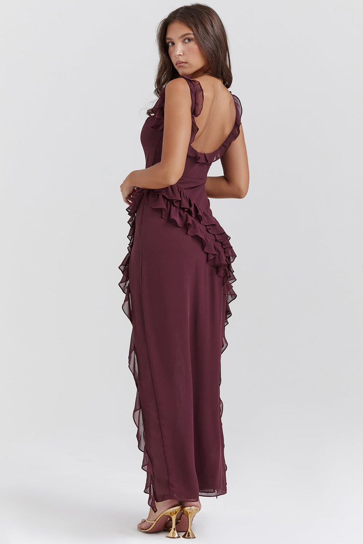Women's Chiffon Ruffle Maxi Dress Silk Mix Evening Gown