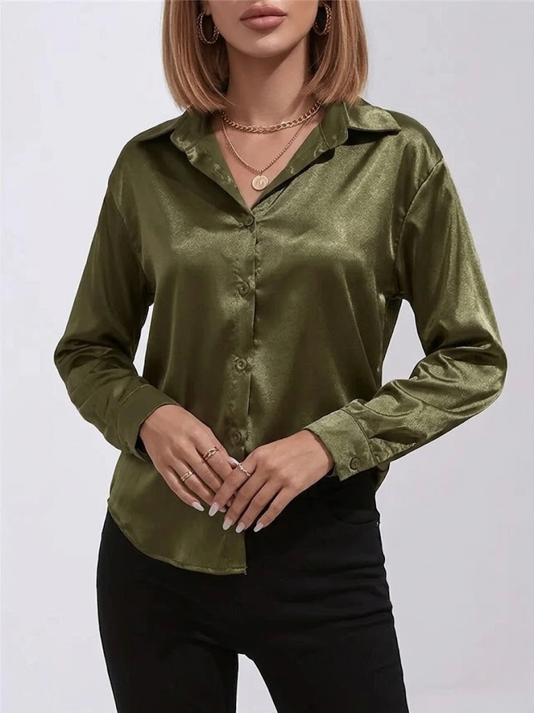 Women's Satin Long Sleeve Button Down Shirt Office Blouse