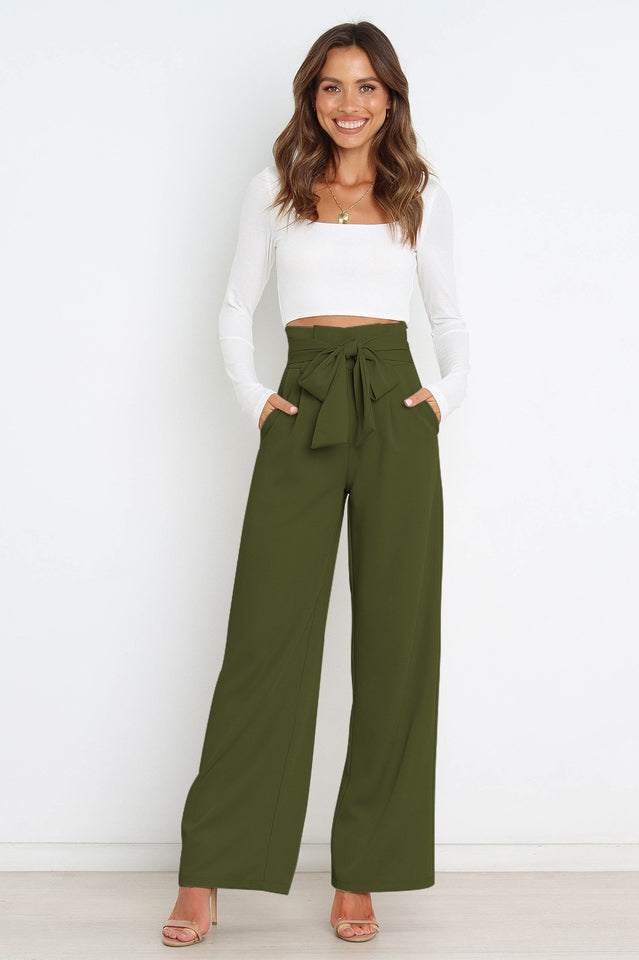 Women's High Waist Wide Leg Linen Trousers with Belt