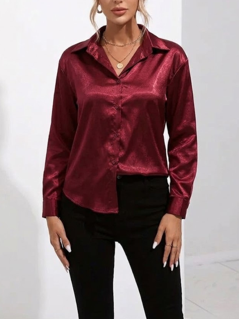 Women's Satin Long Sleeve Button Down Shirt Office Blouse