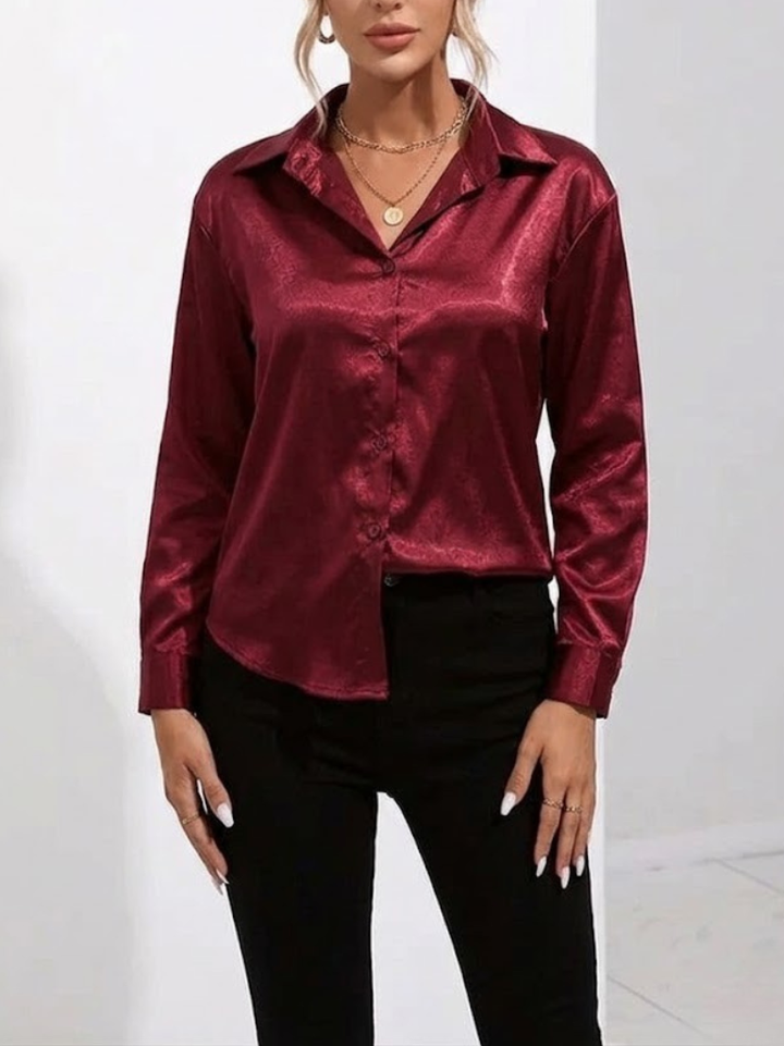 Women's Satin Long Sleeve Button Down Shirt Office Blouse