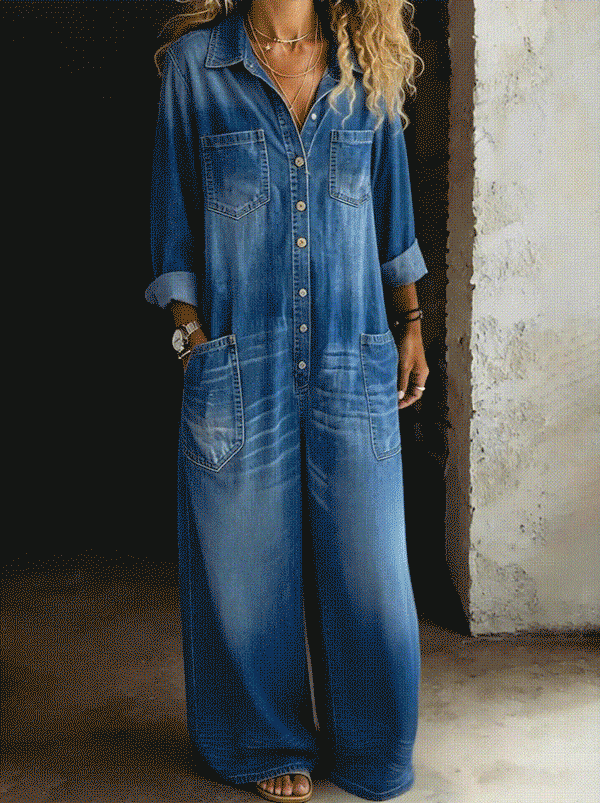 Women's Denim Jumpsuit Wide Leg Long Sleeve One Piece Overalls