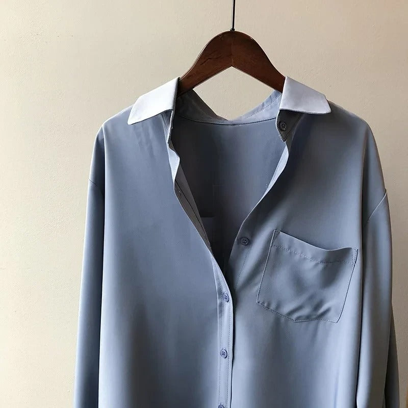 Γυναικείο oversized μεταξωτό πουκάμισο με μακριά μανίκια και κουμπιά
