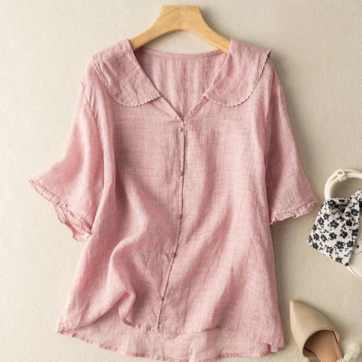 Blouse décontractée pour femme en lin, col en V, manches courtes