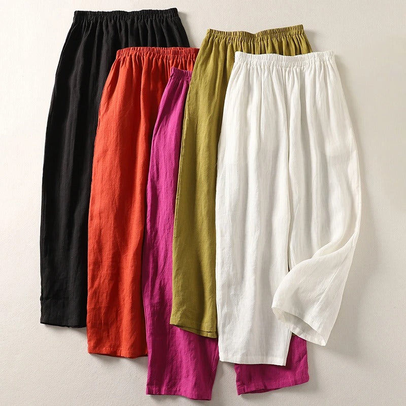 Women's Linen Wide-Leg Elastic-Waist Trousers